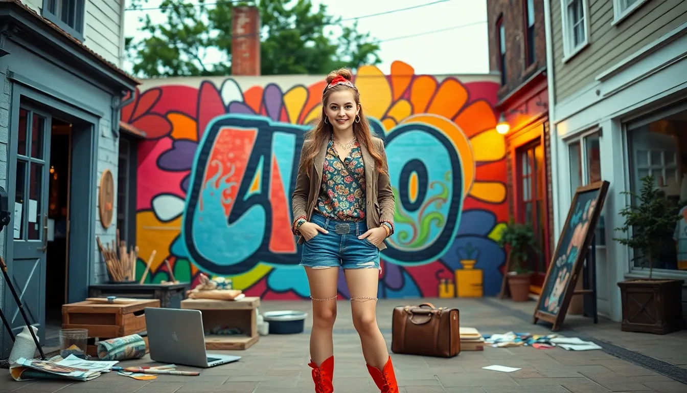 Brenda in front of a colorful mural, representing her creative journey.